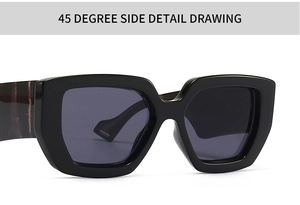 Detail view of bold black square frame sunglasses with retro tortoiseshell patterned temples