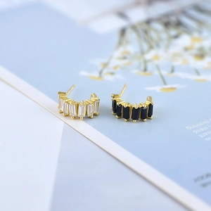 Chic S925 silver needle C-shaped earrings with irregular white and black zircon stones