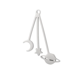 Polished stainless steel celestial pendant featuring moon, star, and saturn charms