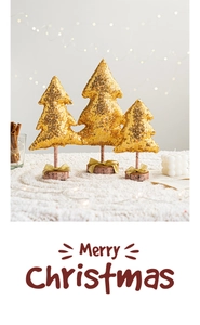 Three-piece set of golden sequin Christmas trees with wood base and gold bows decor