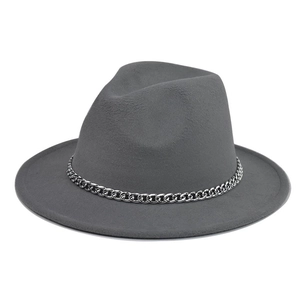Close-up of the grey wool felt hat featuring a decorative silver metal chain detail