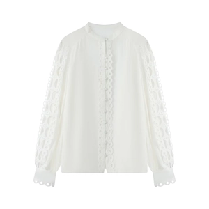 White long-sleeve blouse with stand collar and intricate lace embroidery details