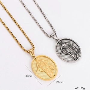 Vintage Oval Religious Portrait Pendant Necklace 304 Stainless Steel Box Chain Sacred Icon Relief Jewelry For Men Women