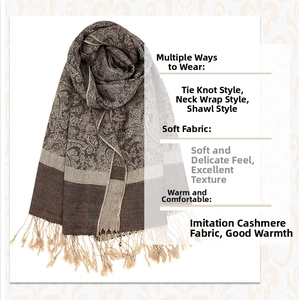 Detail of luxury paisley jacquard shawl with soft cashmere texture and fringe tassels