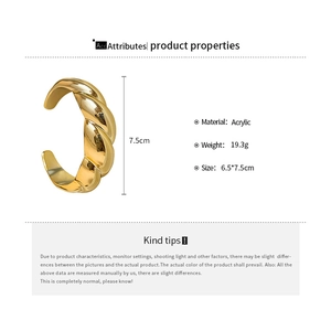 Detailed product specs of acrylic twisted gold bracelet with weight and size data