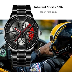 Detail of wheel hub watch with red caliper dial and racing car driver background