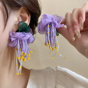Boucles D Oreilles Pendantes Fleur Avec Pétales En Mousseline Perles Et Tige En Argent Sterling 925 Style Bohème Femmes