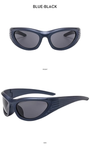 Front and side view of Y2K blue-black sporty wrap-around sunglasses with oval frames