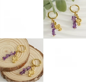 Detailed view of 18k gold plated music note earrings with purple amethyst natural stones