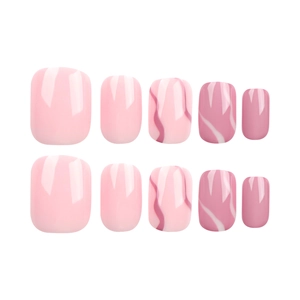 Short square press-on nails set with pink solid color and marble fluid art design