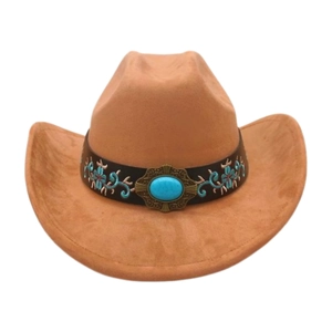 Detailed embroidery and turquoise stone on a brown suede western cowboy hat band