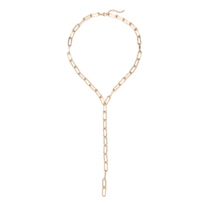 Fashionable gold Y-shaped metal link chain necklace with long rectangular interlocking rings