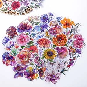 Detailed view of floral holographic laser stickers featuring sunflowers and roses