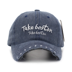Distressed dark blue denim baseball cap with white Take Boston embroidery on front