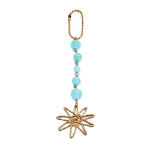 Detail of sun pendant with blue gradient beads and golden metal ring for car decor