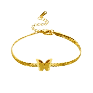 Golden stainless steel double-layered butterfly charm bracelet with cuban chain