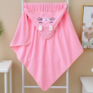 Detailed embroidery of a cute pink cat face on a soft hooded coral fleece baby towel