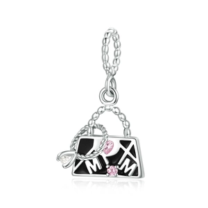 925 Sterling Silver Handbag Charm With Pink Heart Zircon Enamel Mom Bag Pendant For DIY Bracelet Necklace
