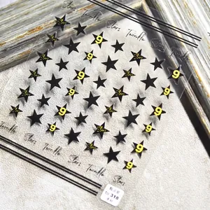 Pegatinas adhesivas para uñas con patrones de estrellas negras y letras decorativas
