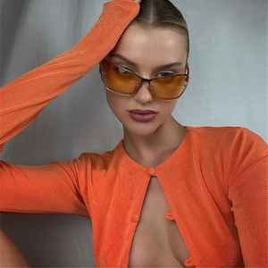 Gilet court sexy en tricot côtelé orange pour femme avec manches longues et boutons
