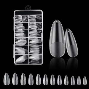 Detailed clear press-on nail kit showing various sizes in 10-grid storage box with numbers
