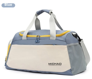Detail view of the large capacity gym duffel bag with wet dry separation and mesh pocket.