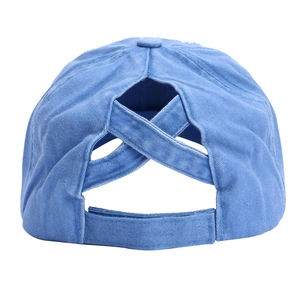 Blaue Denim-Pferdeschwanz-Baseballkappe mit elastischen Kreuzbändern und Klettverschluss