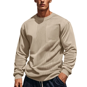 Men's khaki corduroy textured crewneck sweatshirt with chest pocket and ribbed cuffs