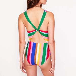 Rainbow striped one-piece swimsuit with open back and crossover strap design
