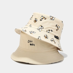Reversible beige cotton bucket hat set with cute cartoon cat prints and embroidery