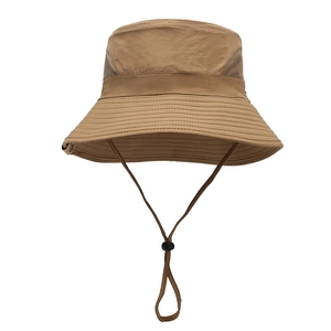Outdoor sun protection bucket hat with mesh vents and adjustable chin strap in khaki