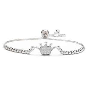 Silver crown bracelet with cubic zirconia detailing and adjustable sliding clasp closure