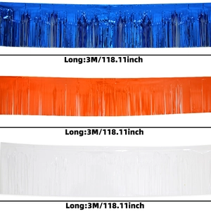 Close-up of 3-meter long foil fringe banners in blue, orange, and white party colors
