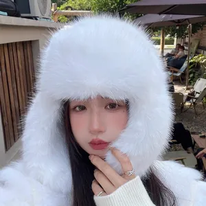 Women Faux Fur Ushanka Hat Winter Warm Plush Ear Flaps Trapper Hat For Skiing Cold Weather Windproof