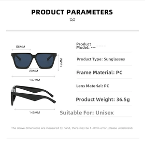 Detailed size specifications for square frame unisex sunglasses in a clear layout
