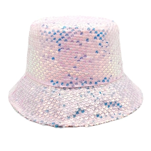 Detailed view of colorful iridescent sequins on a pink fabric bucket hat surface