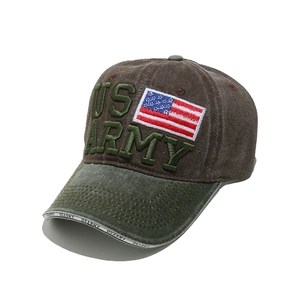 Detail of US ARMY 3D embroidery and American flag patch on washed baseball cap