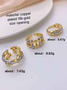 Detailed shot of hollow woven 18K gold plated rings with weight and size specifications