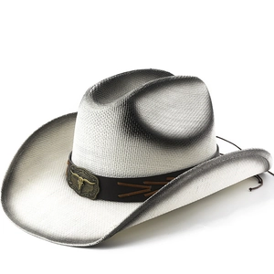 Western Cowboy Hat Retro Straw Woven Wide Brim Sun Protection With Bull Head Leather Belt For Outdoor Carnival Travel