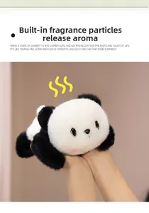 Detail of cute plush panda toy featuring scented beads and pink blush cheeks