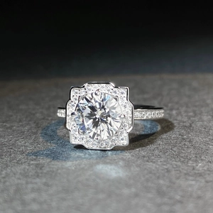 Elegant silver D color moissanite ring with brilliant round cut and sparkling halo setting