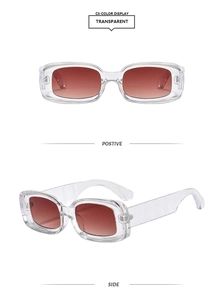 Detail of square transparent sunglasses with brown gradient lenses in dual product view