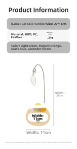 Detailed specification sheet for cat face tumbler toy showing size 27x11cm and materials