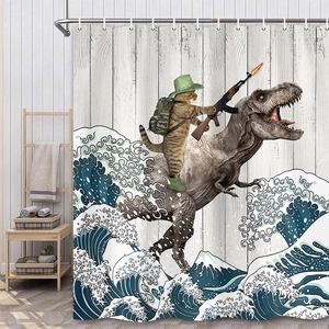 Detail of funny cat riding dinosaur on waterproof shower curtain in bathroom setting