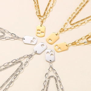 Double layered stainless steel necklace with hollow heart dog tag pendant in gold and silver