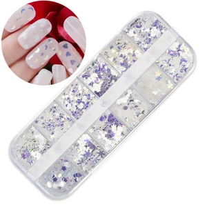 Detail of 12-slot nail art glitter box with aurora butterflies, stars, and hearts