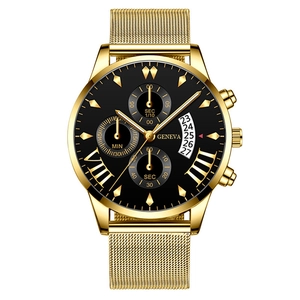 Fashionable men's chronograph watch with black dial and gold stainless steel mesh band