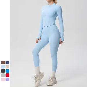 Tenue De Yoga Pour Femmes Veste À Manches Longues Zippée Et Leggings Taille Haute Nylon Spandex Fitness Course