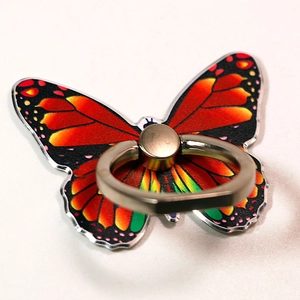 Detailed view of colorful butterfly phone ring holder with silver metal kickstand
