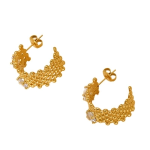 Gold stainless steel hollow mesh earrings with sparkling zircons in a textured design